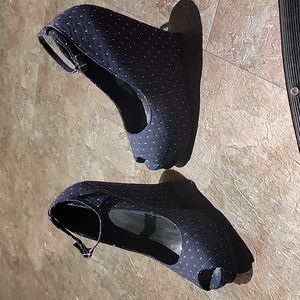 Blue with White Polka Dot Platform Wedges Size 6